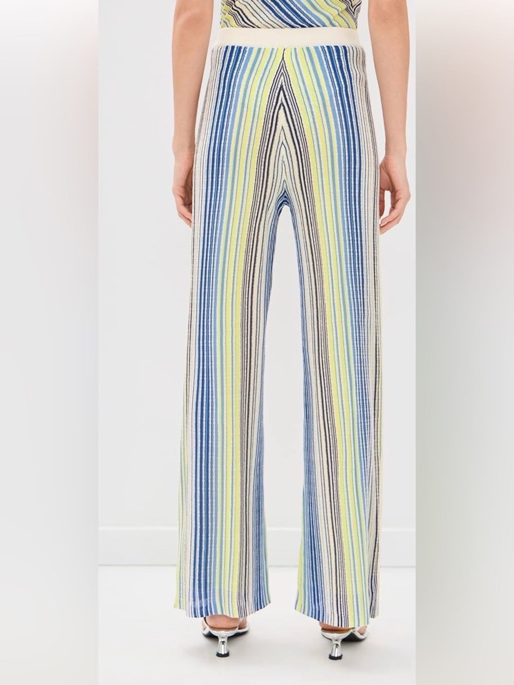 Line & Dot Knit Striped Wide-Leg Knit Pants in Blue, Yellow & Cream